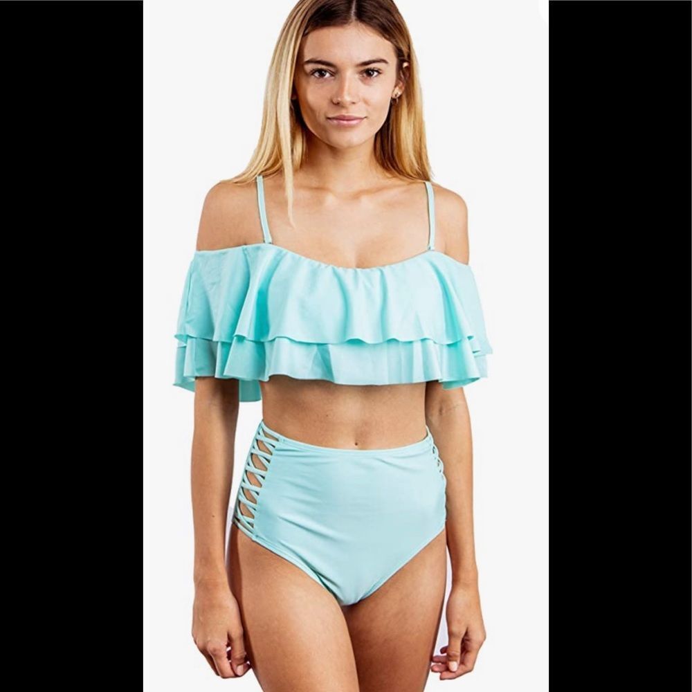 Romi Como 2pc Swimsuit Hi Waist Control Ruffle Bikini Top Sky Blue Recycled Sz L